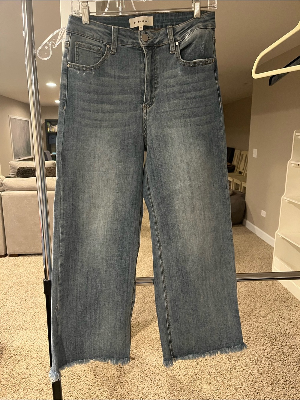 Risen Wide Straight Raw Hem Jeans - Blue Wash
